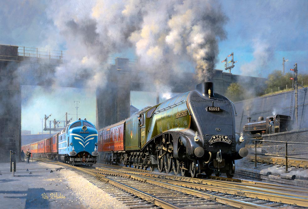 Painting of a Deltic diesel and A4 pacific leaving London
